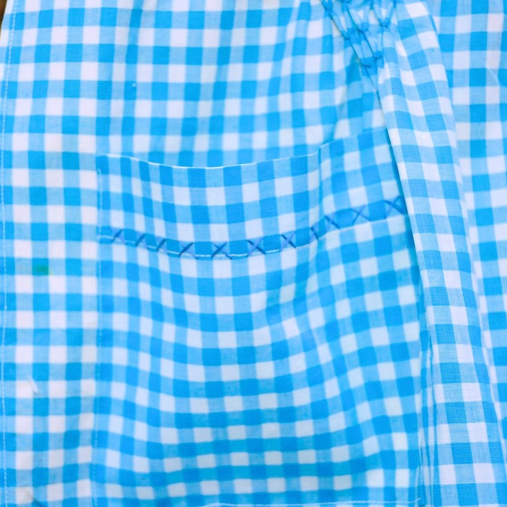 Vtg Teal Blue Gingham Check Apron Smocked Waist View 5